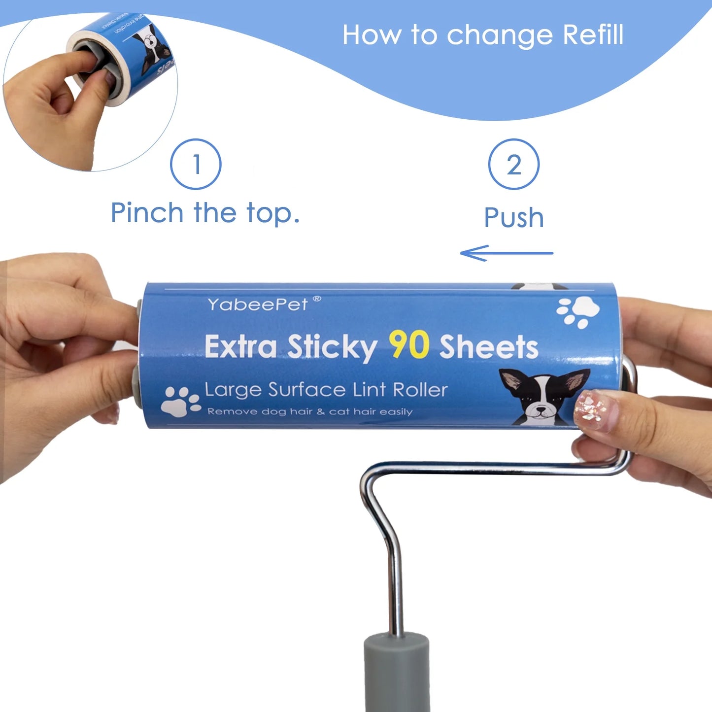 Lint Roller, Large Surface Pet Hair Remover, 90 Sheets, 6.3 Inch Width, Includes 1 Roller & 2 Refills