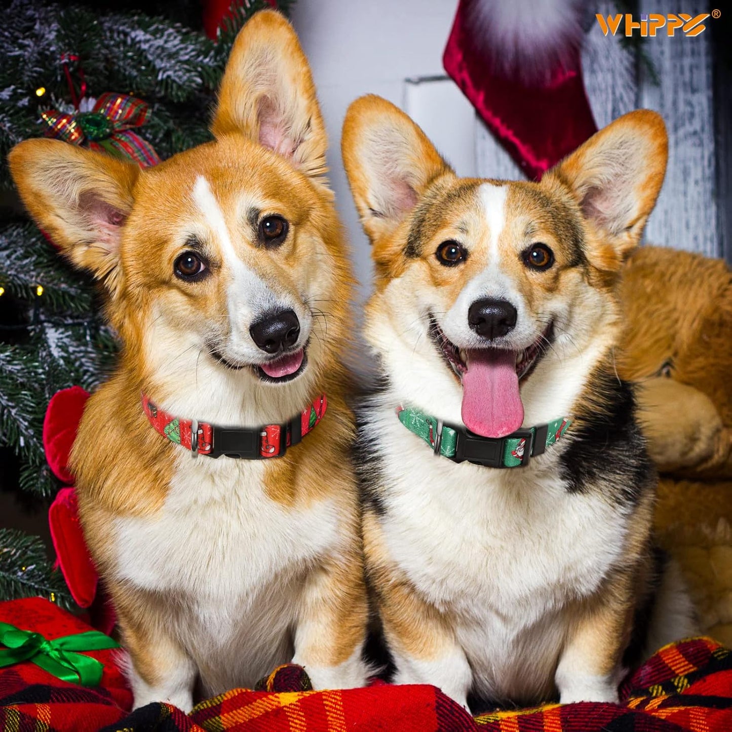 Christmas Dog Collar, Dog Christmas Collars with Santa and Christmas Tree Pattern Adjustable Christmas Boys Girls Dog Collar with Safety Plastic Buckle for Small Medium Large Dog Cat Pet