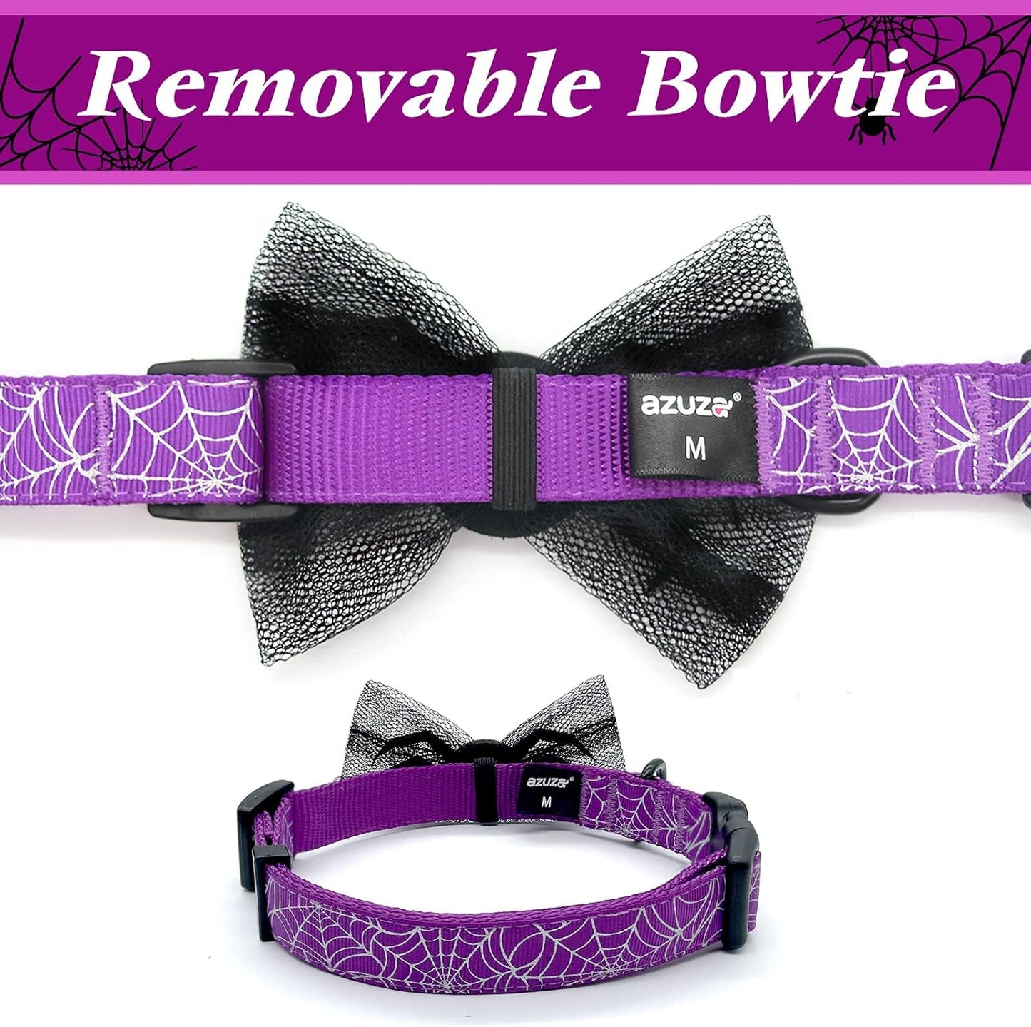 Halloween Dog Collars with Bow Cute Sequined Spider Purple Dog Collar with Lace Bow Tie Gifts on Halloween for Large Dogs