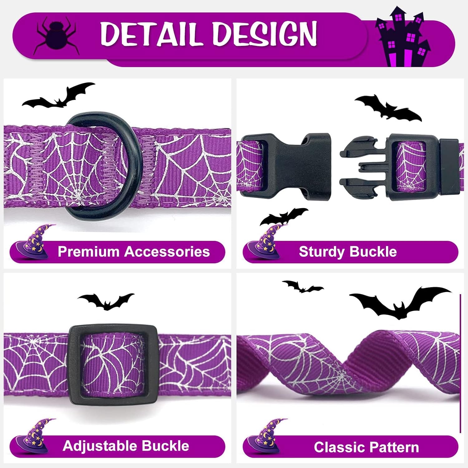 Halloween Dog Collars with Bow Cute Sequined Spider Purple Dog Collar with Lace Bow Tie Gifts on Halloween for Large Dogs
