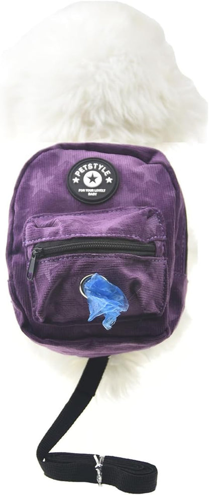 Dog Backpack Harness with Leash, Dog Poop Bag Dispenser, Pet Self Carrier Adjustable Travel Hiking Walking Harness Backpack for Small Medium Dogs (L(Fit:10-15Lb), Purple)