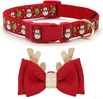 Christmas Antler Bow Tie Snowman Dog Collar for Medium Dogs