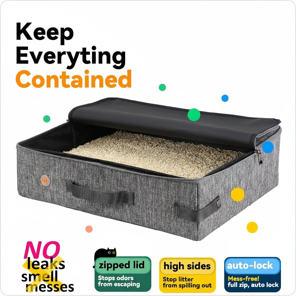 Portable Cat Travel Litter Box. Easy Use in the Car. No Leakage, Smell and Messes. One-Handed Carrying for Road Trip, Hotel Stays, Car and Airplane
