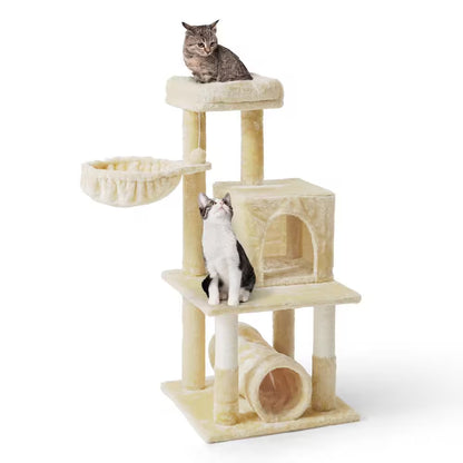 40 In. Beige Cat Tower for Indoor Cats, Multi-Level Cat Activity Tree with Scratching Posts, Basket, Cat Cave Condo