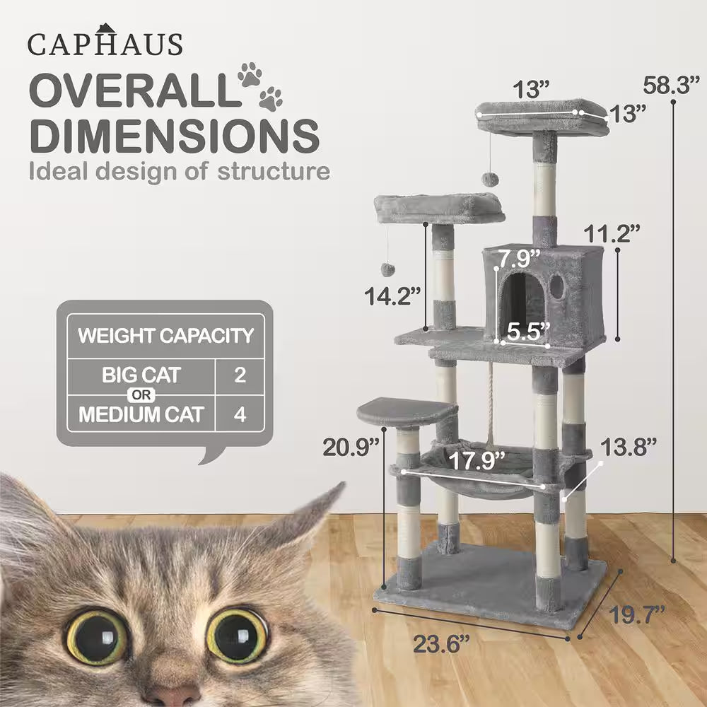 58 In. Light Grey Cat Tower for Indoor Cats, Multi-Level Cat Activity Tree with Scratching Posts, Basket, Cave Condo