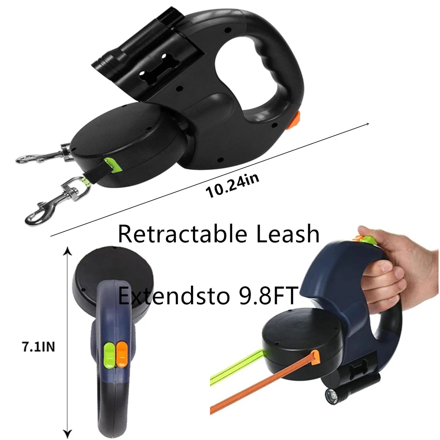 Two Dog Reflective Retractable Pet Leash – 360 Degree No Tangle Double Dogs Reflective Orange and Green Leads. Dual Locking 10 Ft Leads