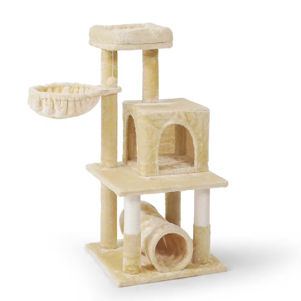 40 In. Beige Cat Tower for Indoor Cats, Multi-Level Cat Activity Tree with Scratching Posts, Basket, Cat Cave Condo