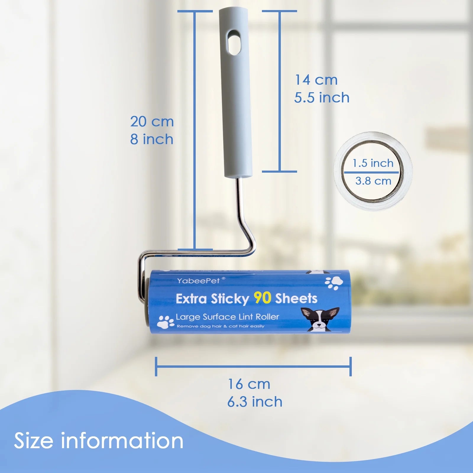 Lint Roller, Large Surface Pet Hair Remover, 90 Sheets, 6.3 Inch Width, Includes 1 Roller & 2 Refills