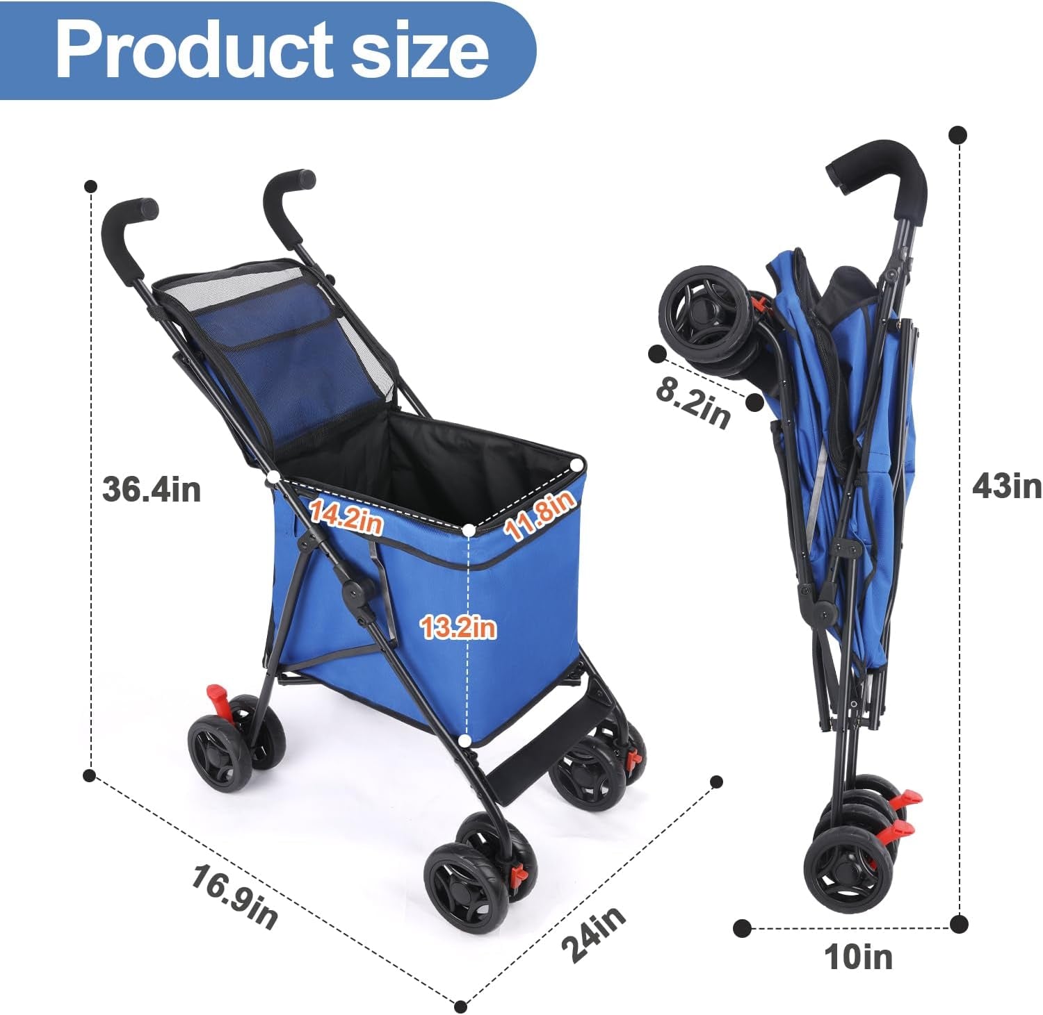 Pet Dog Stroller, 4 Wheel Foldable Cat Dog Stroller with Storage Basket, Handle 360° Front Wheel Rear Wheel with Brake for Small Medium Dogs & Cats (Blue)