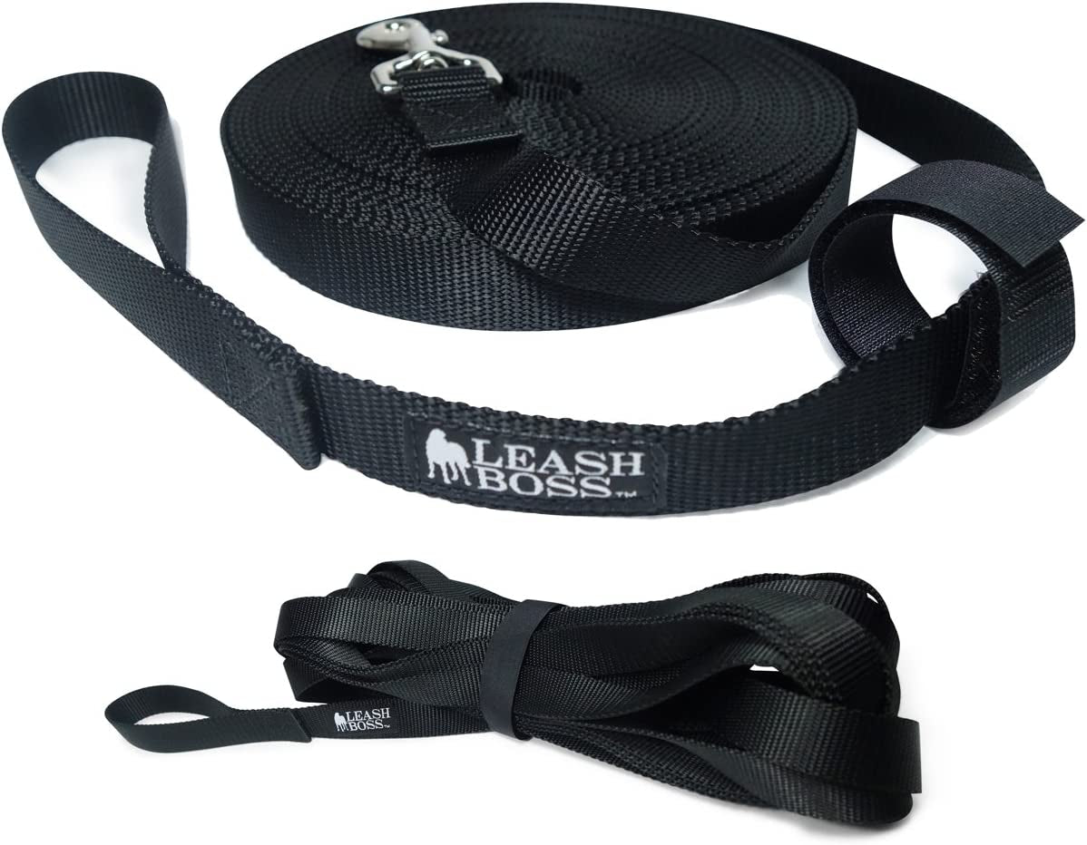 Long Trainer - 1 Inch Nylon Long Dog Training Leash with Storage Strap (50 Ft, Black)