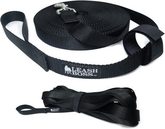 Long Trainer - 1 Inch Nylon Long Dog Training Leash with Storage Strap (50 Ft, Black)