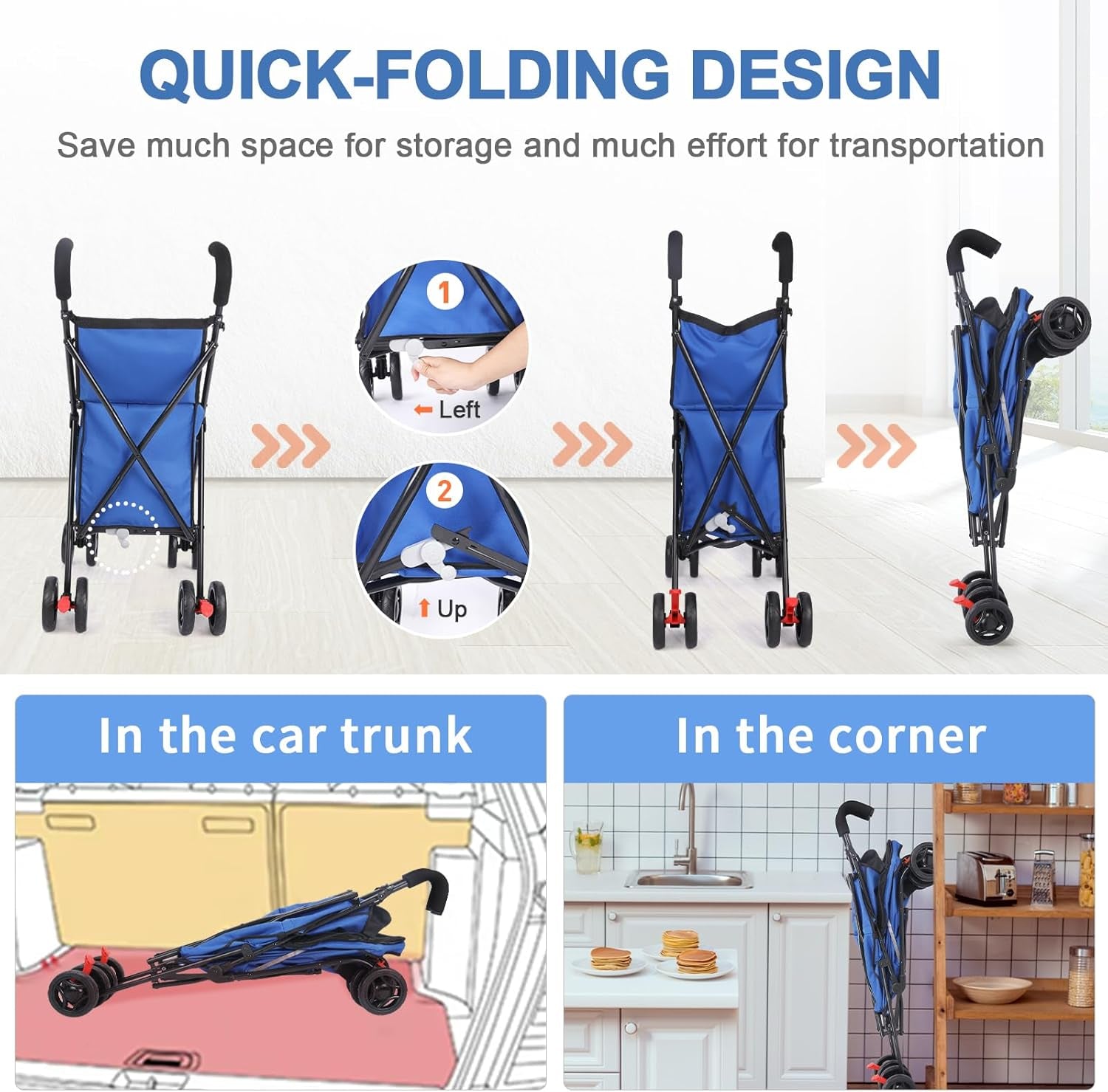 Pet Dog Stroller, 4 Wheel Foldable Cat Dog Stroller with Storage Basket, Handle 360° Front Wheel Rear Wheel with Brake for Small Medium Dogs & Cats (Blue)