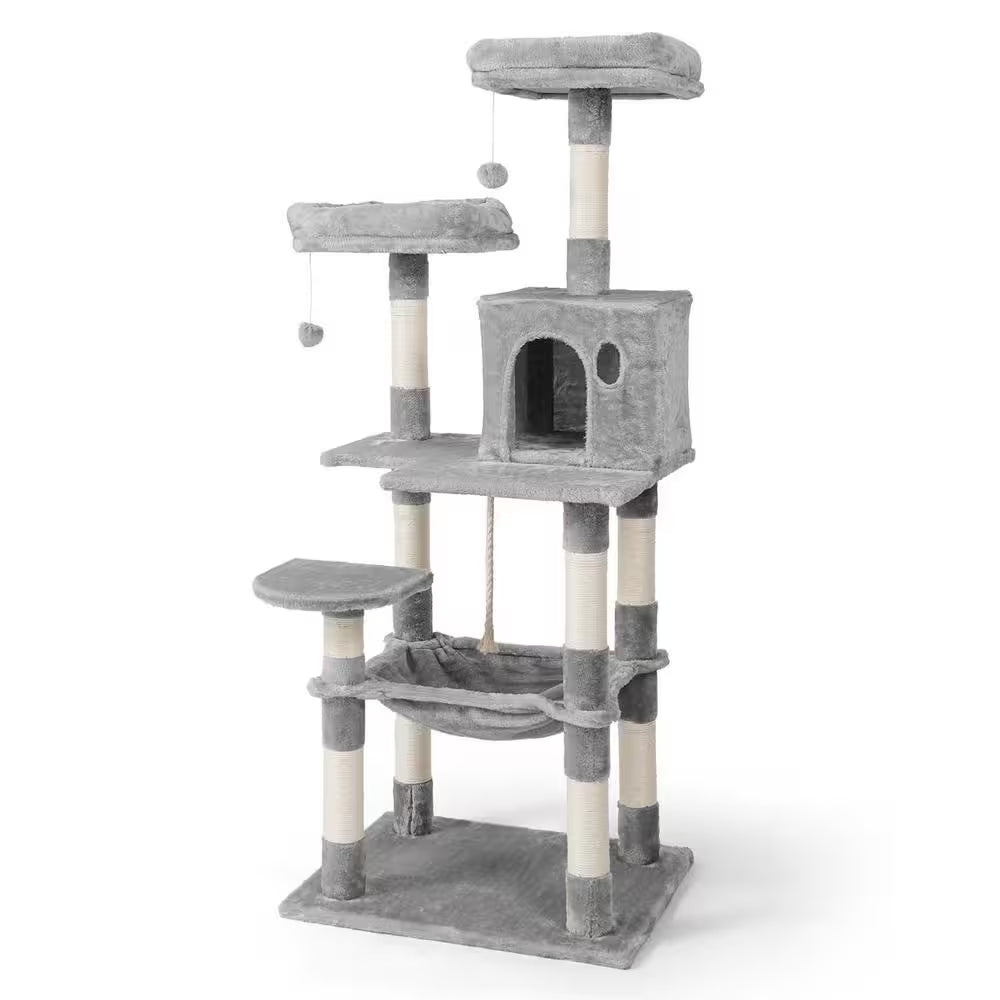 58 In. Light Grey Cat Tower for Indoor Cats, Multi-Level Cat Activity Tree with Scratching Posts, Basket, Cave Condo