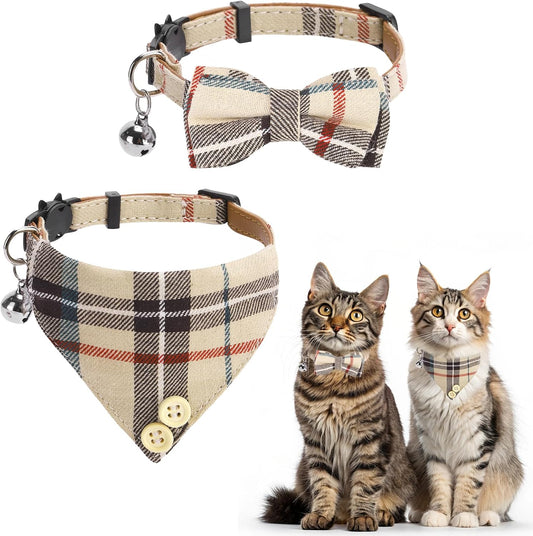 Cat Collar Breakaway with Bells and Bowtie, 2 Pack Cute Leather Cat Bandana Collar, Classic Plaid Design with Safety Buckle Adjustable Size for Small Kitten Boys Girls,Beige