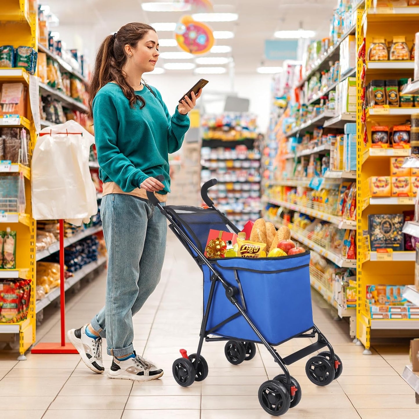 Pet Dog Stroller, 4 Wheel Foldable Cat Dog Stroller with Storage Basket, Handle 360° Front Wheel Rear Wheel with Brake for Small Medium Dogs & Cats (Blue)