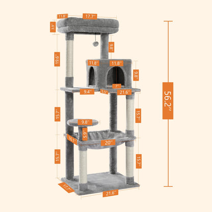 Cat Tree for Large Cats 56"Tall Cat Tower Condo with Scratching Post for Indoor Cats,Gray