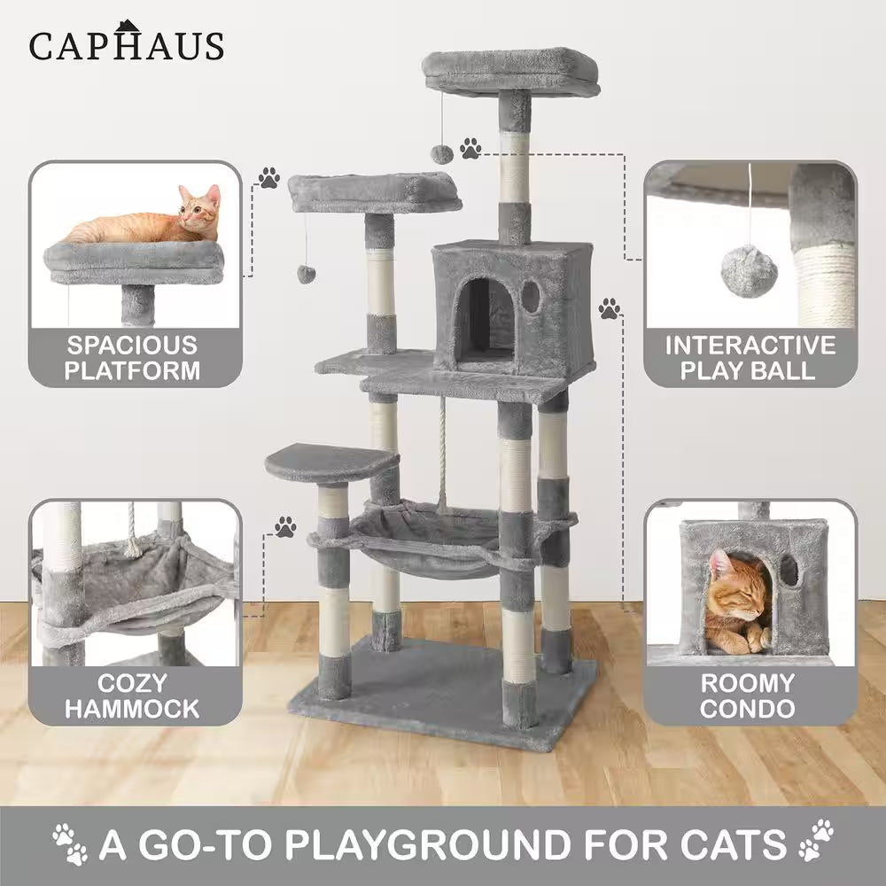 58 In. Light Grey Cat Tower for Indoor Cats, Multi-Level Cat Activity Tree with Scratching Posts, Basket, Cave Condo