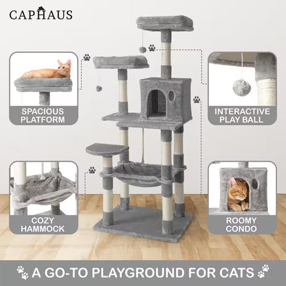 58 In. Light Grey Cat Tower for Indoor Cats, Multi-Level Cat Activity Tree with Scratching Posts, Basket, Cave Condo