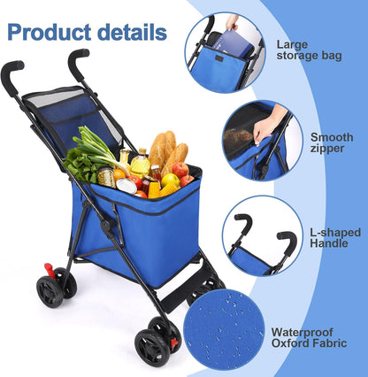 Pet Dog Stroller, 4 Wheel Foldable Cat Dog Stroller with Storage Basket, Handle 360° Front Wheel Rear Wheel with Brake for Small Medium Dogs & Cats (Blue)