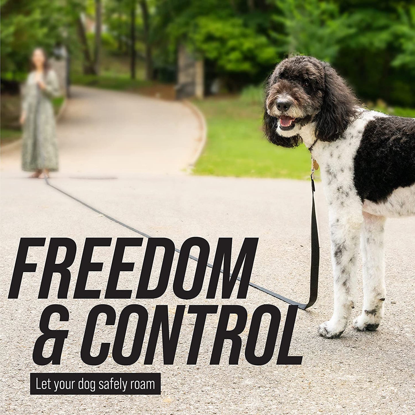 Long Trainer - 1 Inch Nylon Long Dog Training Leash with Storage Strap (50 Ft, Black)