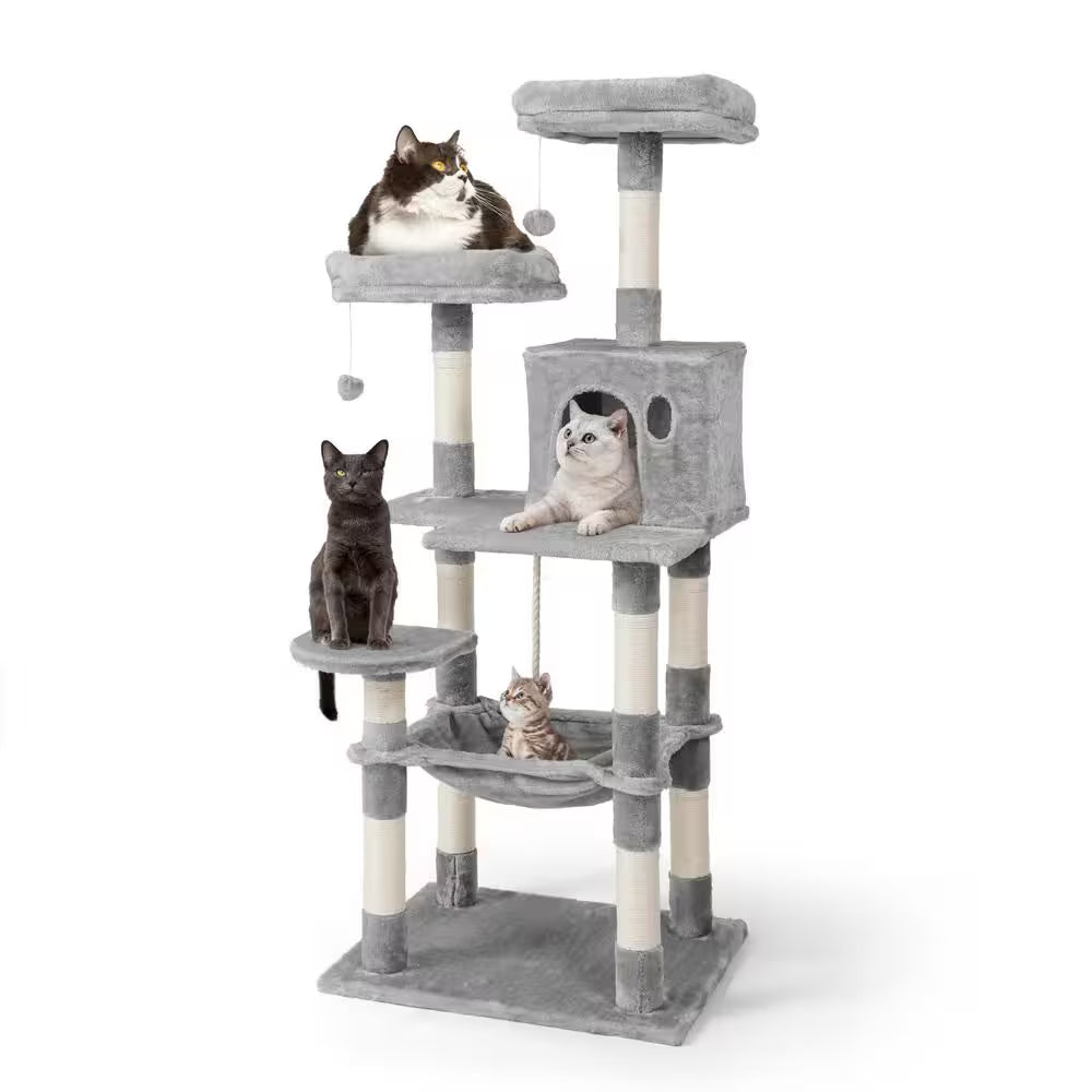 58 In. Light Grey Cat Tower for Indoor Cats, Multi-Level Cat Activity Tree with Scratching Posts, Basket, Cave Condo