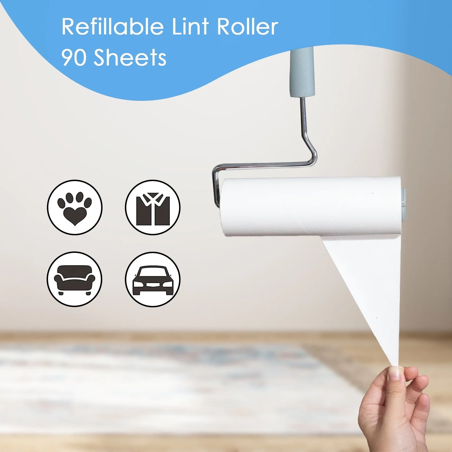 Lint Roller, Large Surface Pet Hair Remover, 90 Sheets, 6.3 Inch Width, Includes 1 Roller & 2 Refills