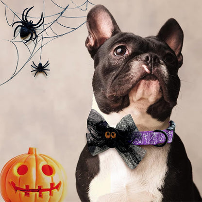 Halloween Dog Collars with Bow Cute Sequined Spider Purple Dog Collar with Lace Bow Tie Gifts on Halloween for Large Dogs