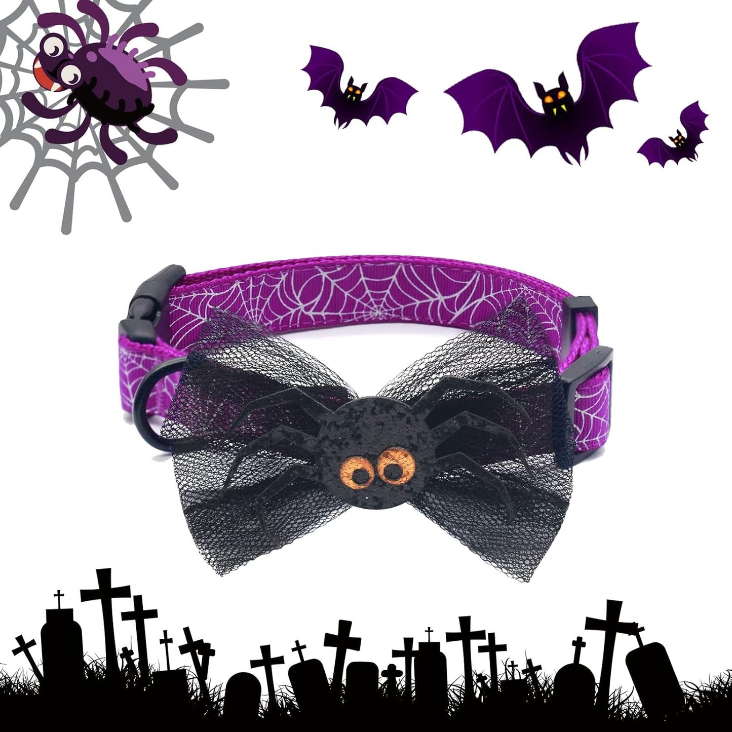 Halloween Dog Collars with Bow Cute Sequined Spider Purple Dog Collar with Lace Bow Tie Gifts on Halloween for Large Dogs
