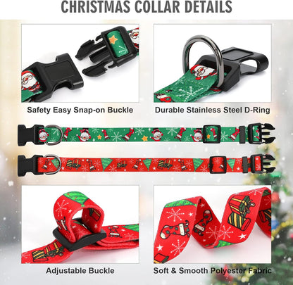 Christmas Dog Collar, Dog Christmas Collars with Santa and Christmas Tree Pattern Adjustable Christmas Boys Girls Dog Collar with Safety Plastic Buckle for Small Medium Large Dog Cat Pet