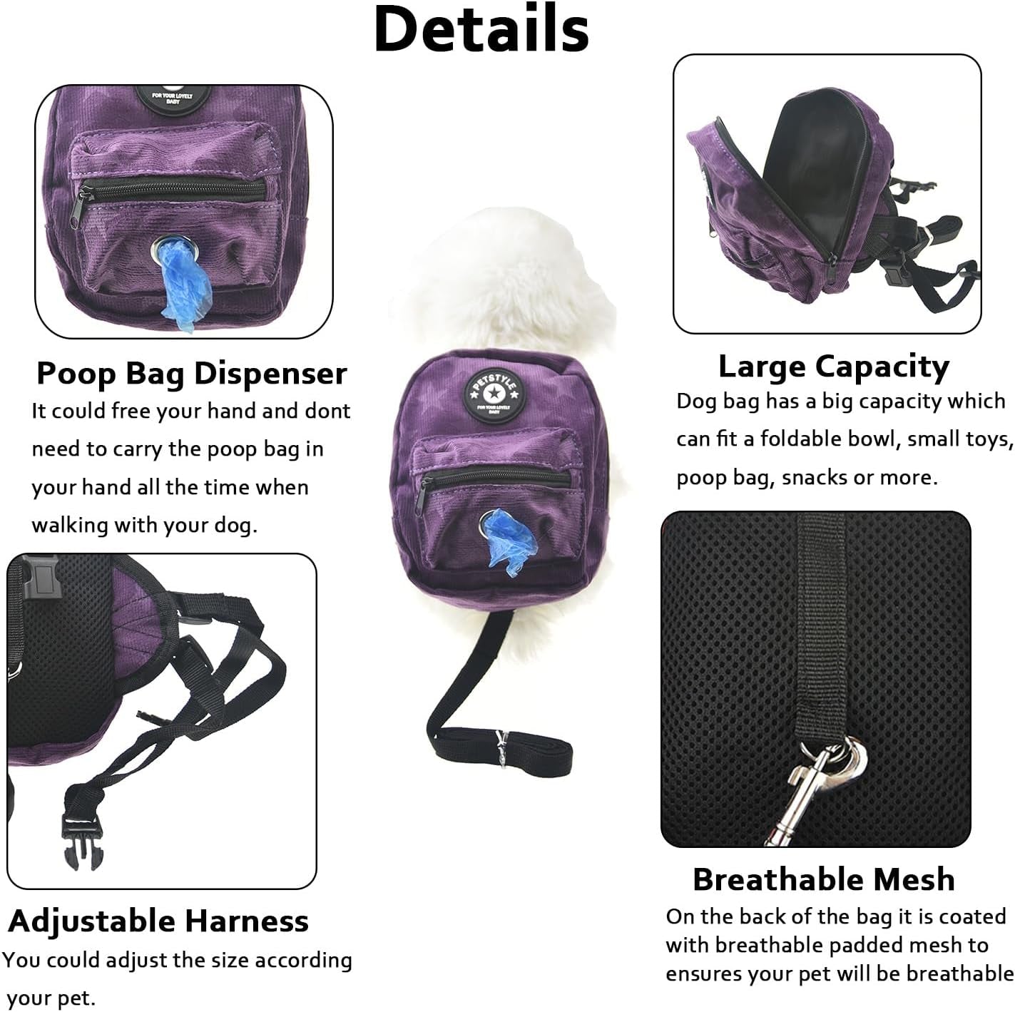 Dog Backpack Harness with Leash, Dog Poop Bag Dispenser, Pet Self Carrier Adjustable Travel Hiking Walking Harness Backpack for Small Medium Dogs (L(Fit:10-15Lb), Purple)