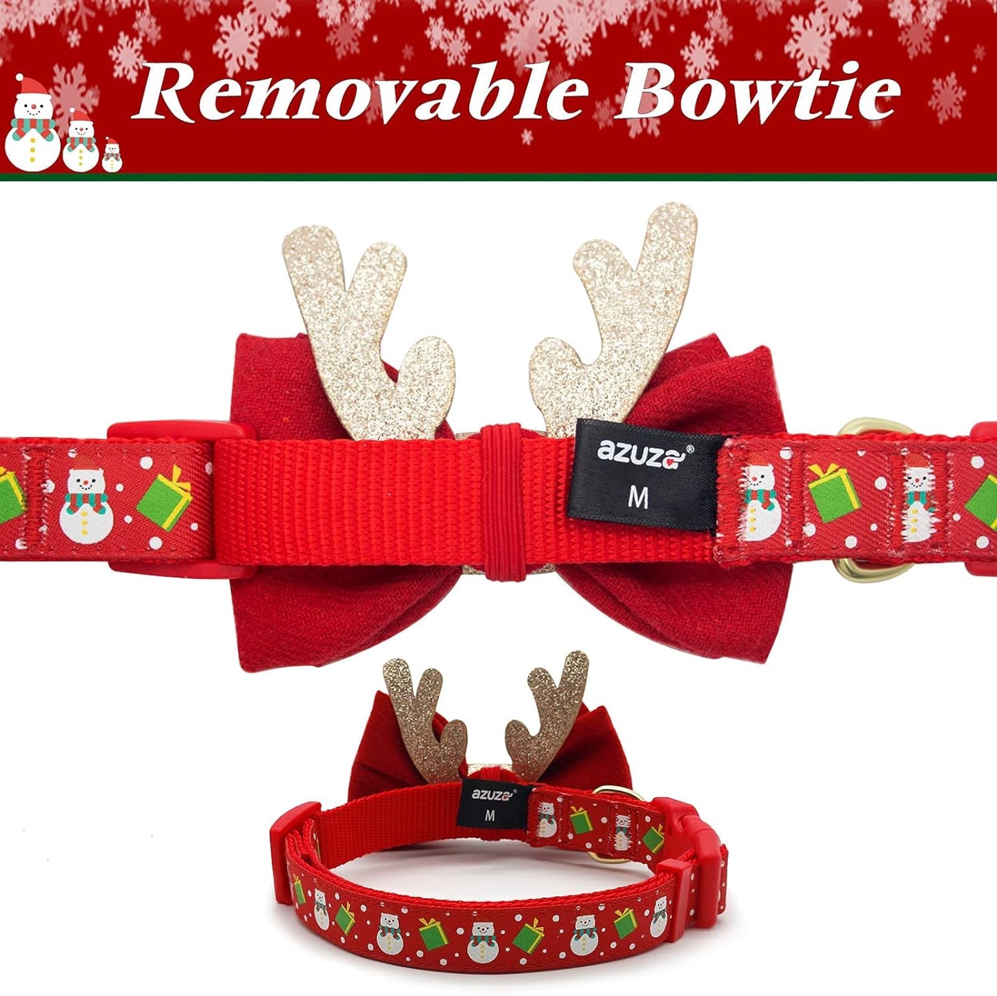 Christmas Antler Bow Tie Snowman Dog Collar for Medium Dogs
