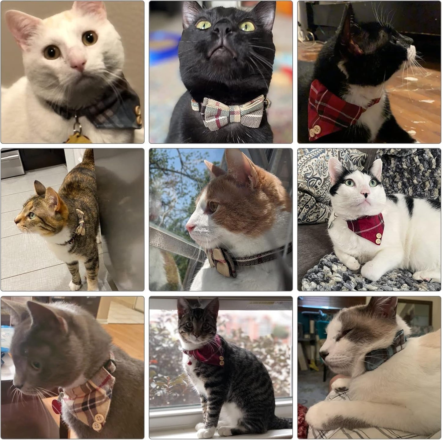 Cat Collar Breakaway with Bells and Bowtie, 2 Pack Cute Leather Cat Bandana Collar, Classic Plaid Design with Safety Buckle Adjustable Size for Small Kitten Boys Girls,Beige