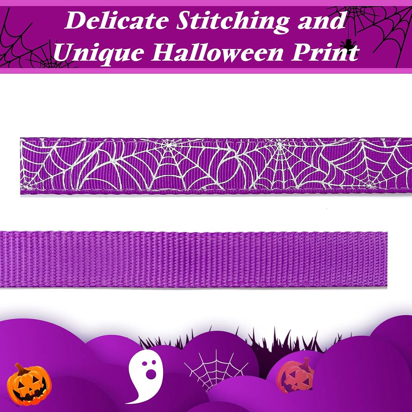 Halloween Dog Collars with Bow Cute Sequined Spider Purple Dog Collar with Lace Bow Tie Gifts on Halloween for Large Dogs