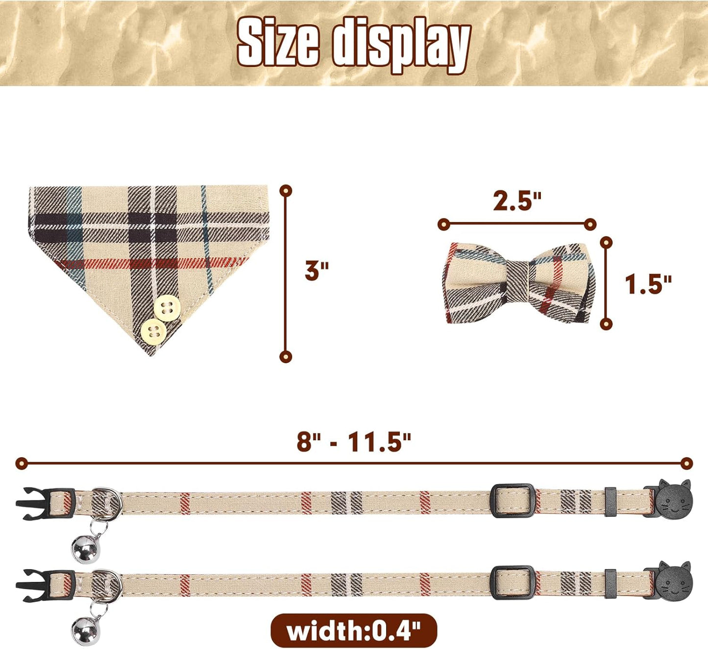 Cat Collar Breakaway with Bells and Bowtie, 2 Pack Cute Leather Cat Bandana Collar, Classic Plaid Design with Safety Buckle Adjustable Size for Small Kitten Boys Girls,Beige