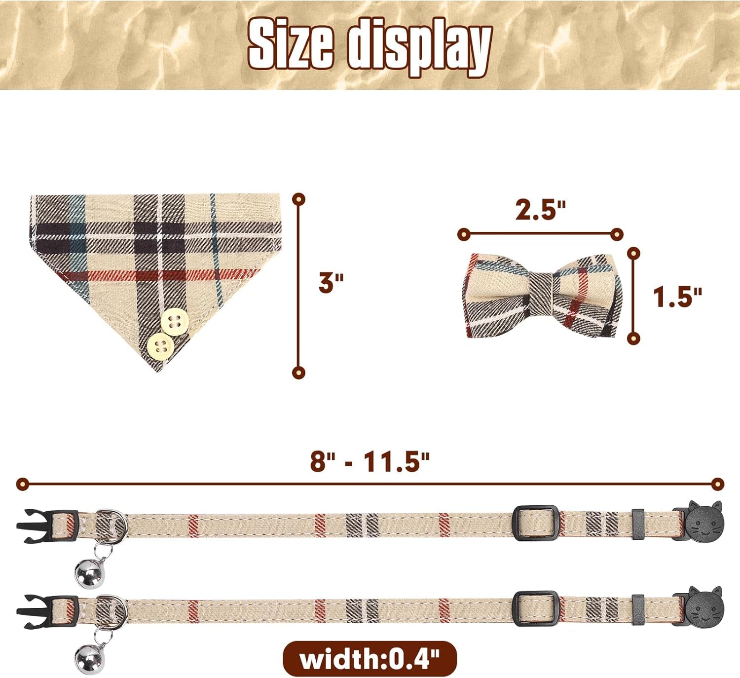 Cat Collar Breakaway with Bells and Bowtie, 2 Pack Cute Leather Cat Bandana Collar, Classic Plaid Design with Safety Buckle Adjustable Size for Small Kitten Boys Girls,Beige