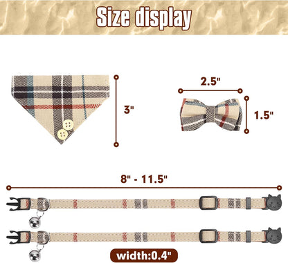 Cat Collar Breakaway with Bells and Bowtie, 2 Pack Cute Leather Cat Bandana Collar, Classic Plaid Design with Safety Buckle Adjustable Size for Small Kitten Boys Girls,Beige