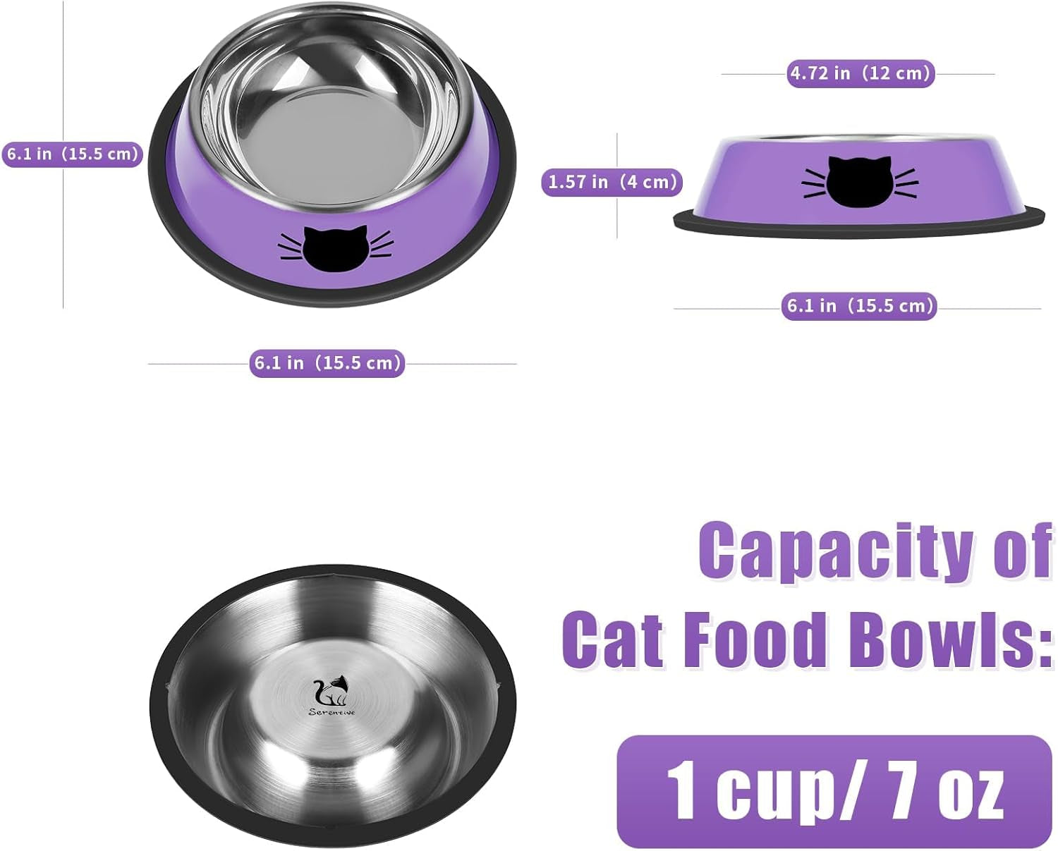 2 Pcs Non-Slip Stainless Steel Small Cat Food Bowls - Unbreakable, 7 Oz, Suitable for Indoor Small Pets - Removable Rubber Base, Easy to Clean, Lovely Color