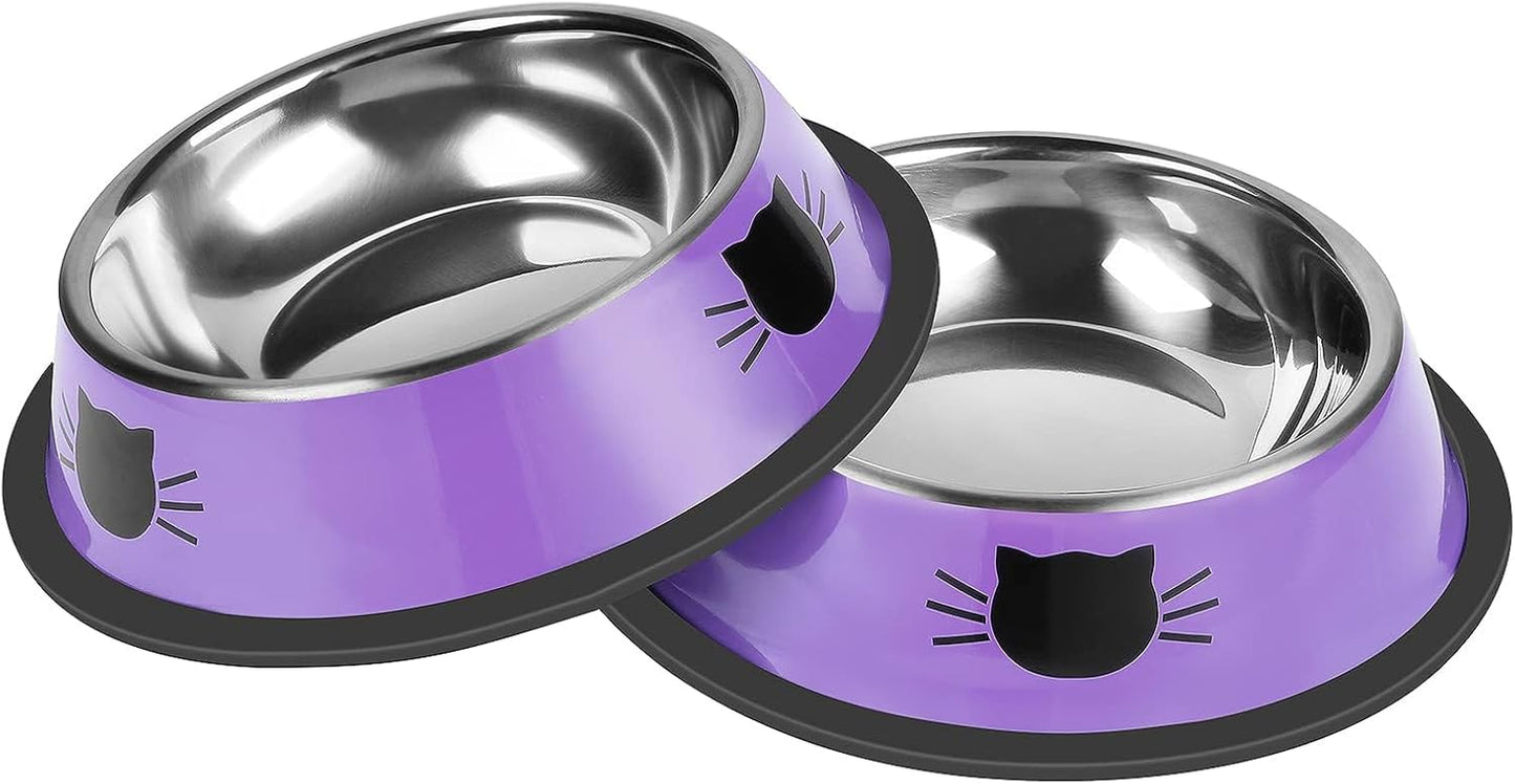 2 Pcs Non-Slip Stainless Steel Small Cat Food Bowls - Unbreakable, 7 Oz, Suitable for Indoor Small Pets - Removable Rubber Base, Easy to Clean, Lovely Color