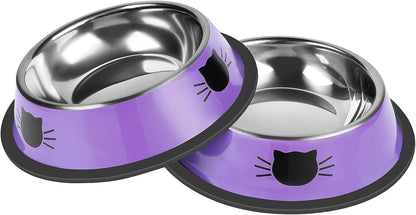 2 Pcs Non-Slip Stainless Steel Small Cat Food Bowls - Unbreakable, 7 Oz, Suitable for Indoor Small Pets - Removable Rubber Base, Easy to Clean, Lovely Color