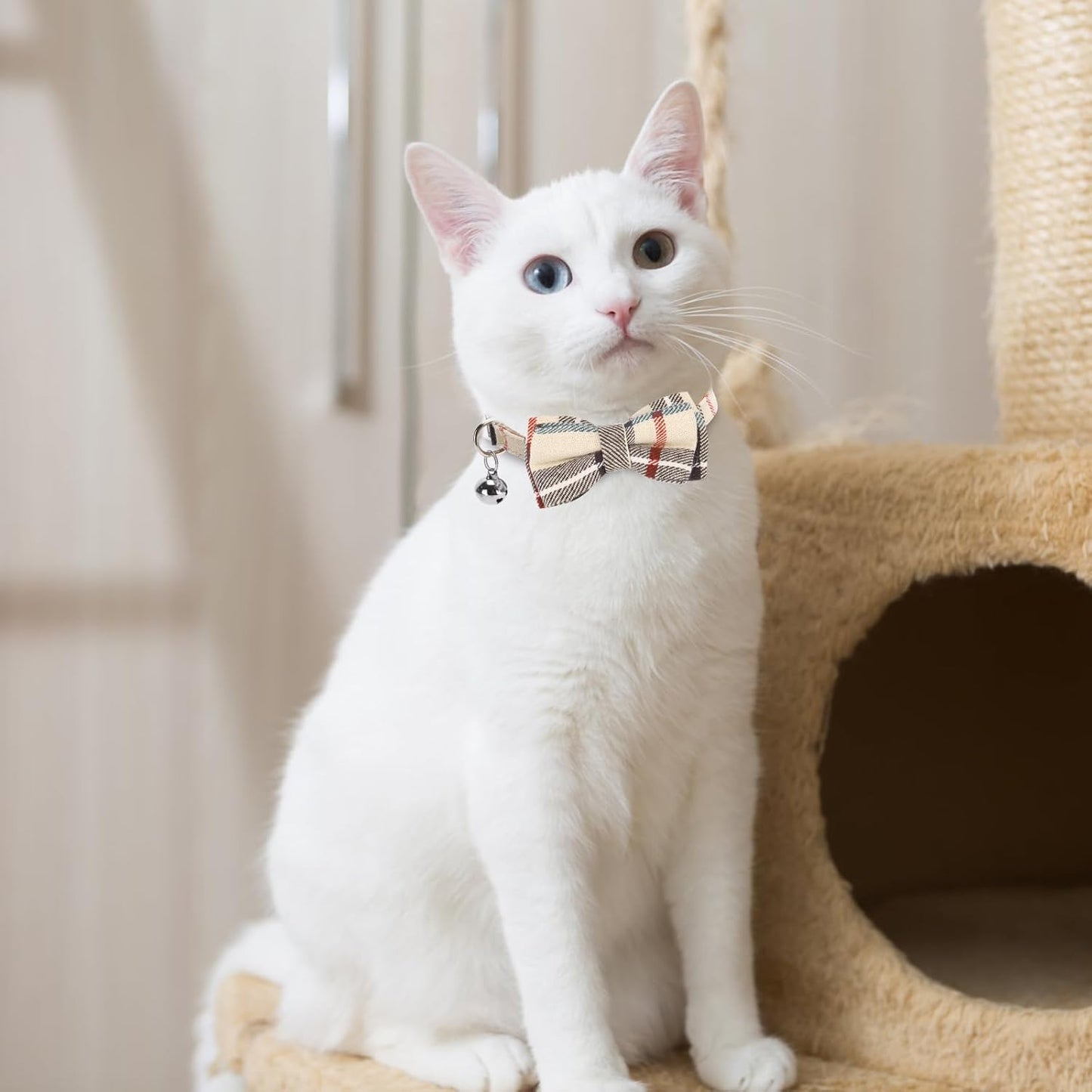 Cat Collar Breakaway with Bells and Bowtie, 2 Pack Cute Leather Cat Bandana Collar, Classic Plaid Design with Safety Buckle Adjustable Size for Small Kitten Boys Girls,Beige