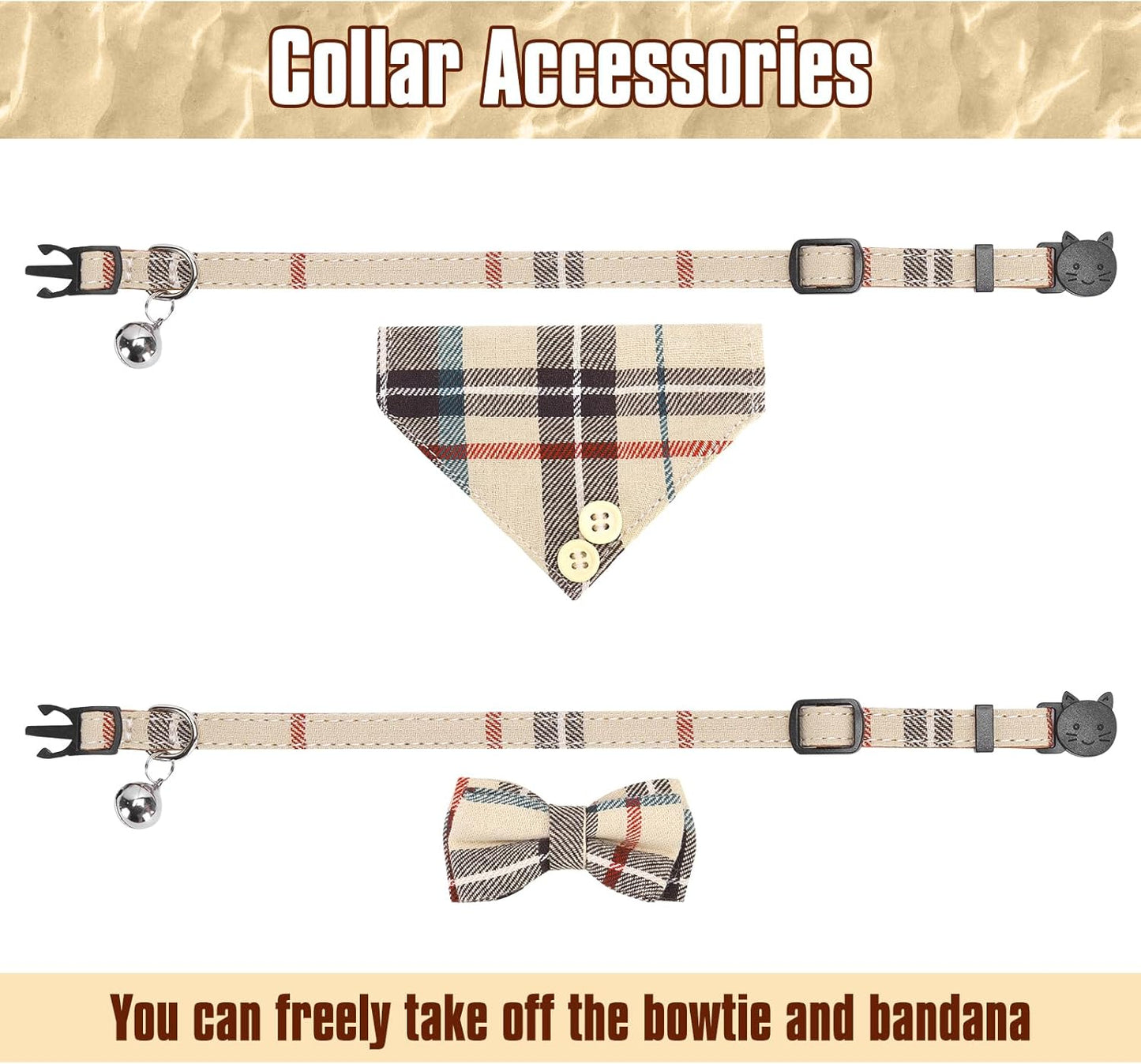 Cat Collar Breakaway with Bells and Bowtie, 2 Pack Cute Leather Cat Bandana Collar, Classic Plaid Design with Safety Buckle Adjustable Size for Small Kitten Boys Girls,Beige