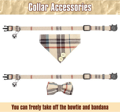 Cat Collar Breakaway with Bells and Bowtie, 2 Pack Cute Leather Cat Bandana Collar, Classic Plaid Design with Safety Buckle Adjustable Size for Small Kitten Boys Girls,Beige