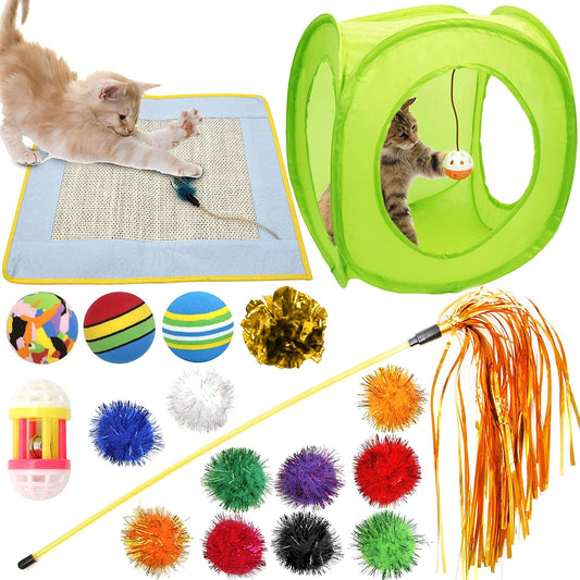 18 Cat Toys Kitten Toys Assortments, Cat Teaser Wand, Interactive Bell Toy, Sparkle Balls for Cat, Puppy, Kitty, Kitten (With Square Tunnel and Scratching Mat)