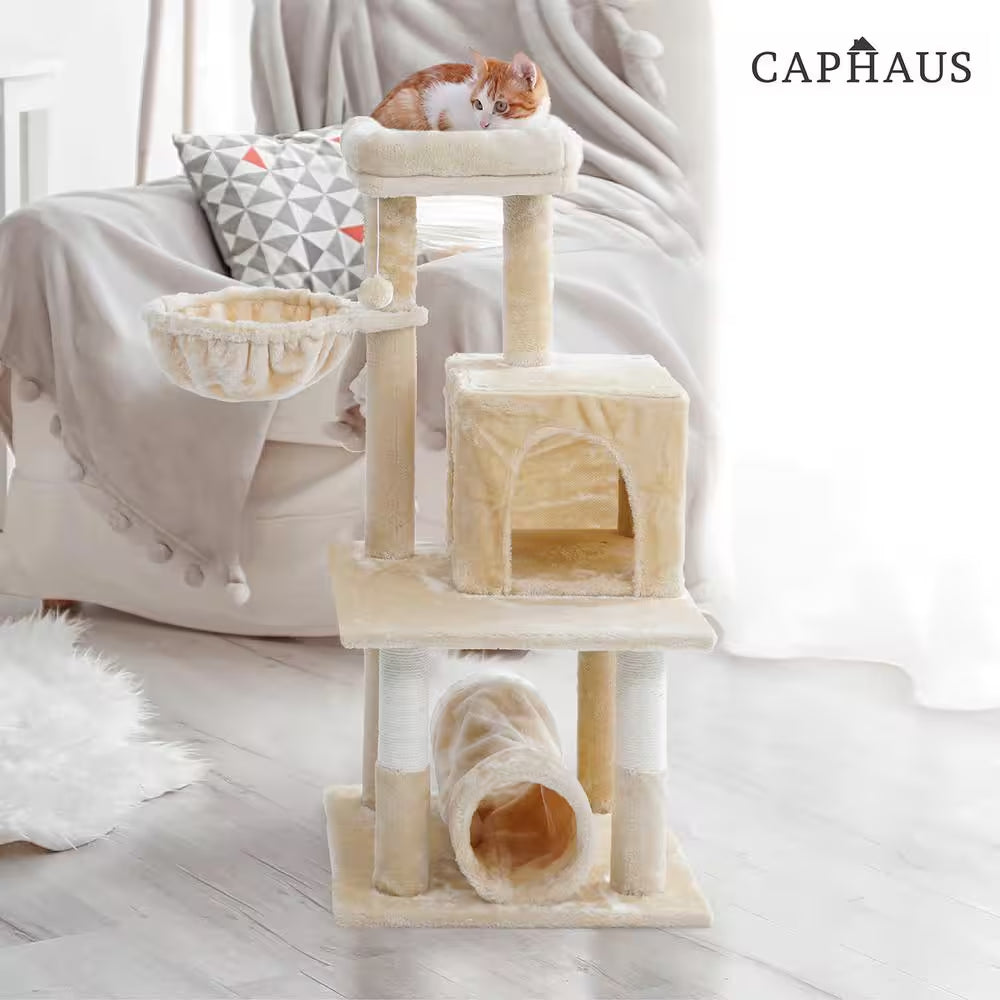 40 In. Beige Cat Tower for Indoor Cats, Multi-Level Cat Activity Tree with Scratching Posts, Basket, Cat Cave Condo