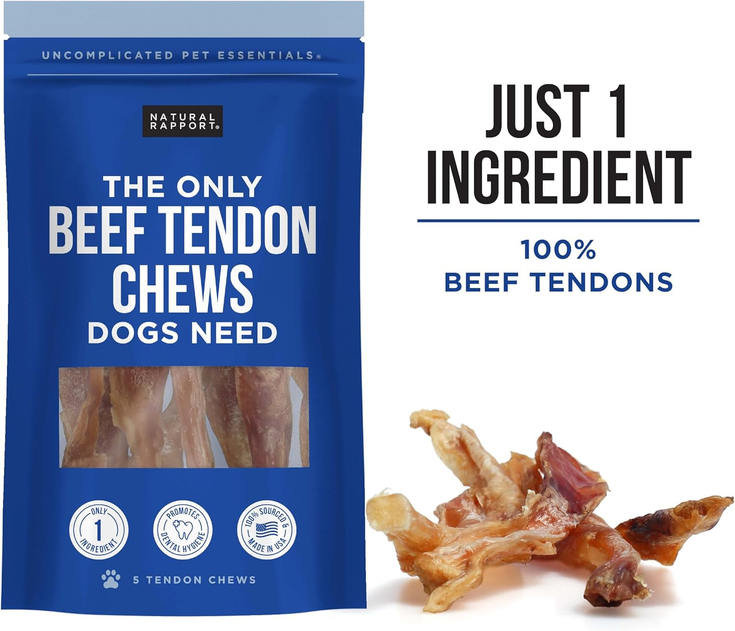 Beef Tendon Dog Treats - the Only Beef Tendon Chews Dogs Need- All Natural Dog Treats for Small and Large Dogs (5 Chews)