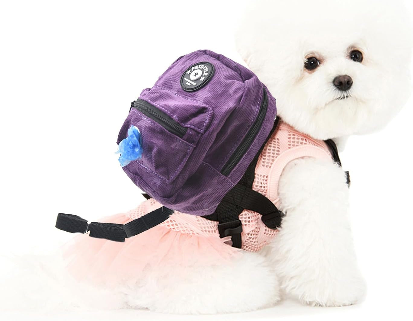 Dog Backpack Harness with Leash, Dog Poop Bag Dispenser, Pet Self Carrier Adjustable Travel Hiking Walking Harness Backpack for Small Medium Dogs (L(Fit:10-15Lb), Purple)