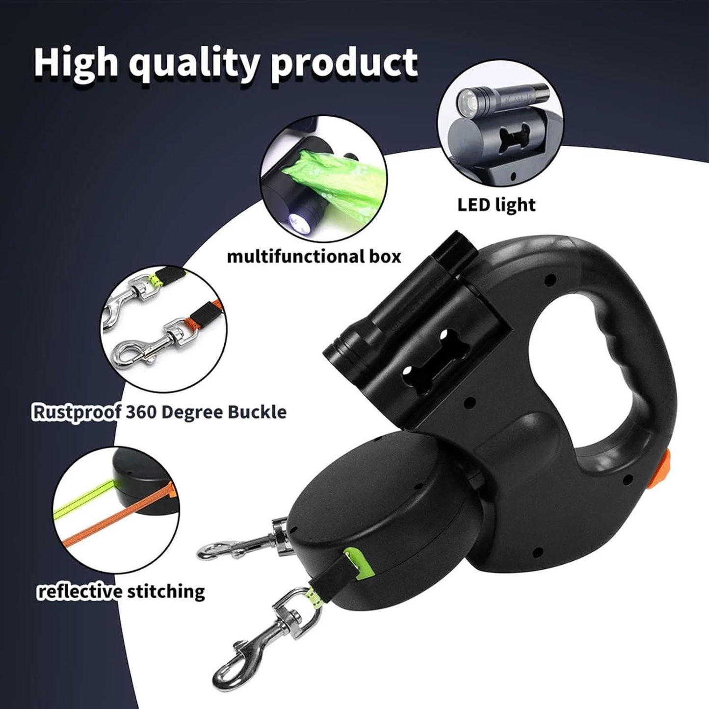 Two Dog Reflective Retractable Pet Leash – 360 Degree No Tangle Double Dogs Reflective Orange and Green Leads. Dual Locking 10 Ft Leads