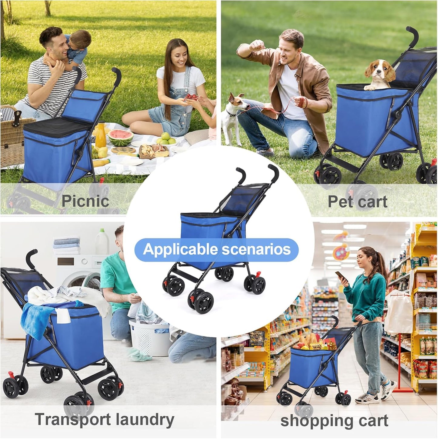 Pet Dog Stroller, 4 Wheel Foldable Cat Dog Stroller with Storage Basket, Handle 360° Front Wheel Rear Wheel with Brake for Small Medium Dogs & Cats (Blue)