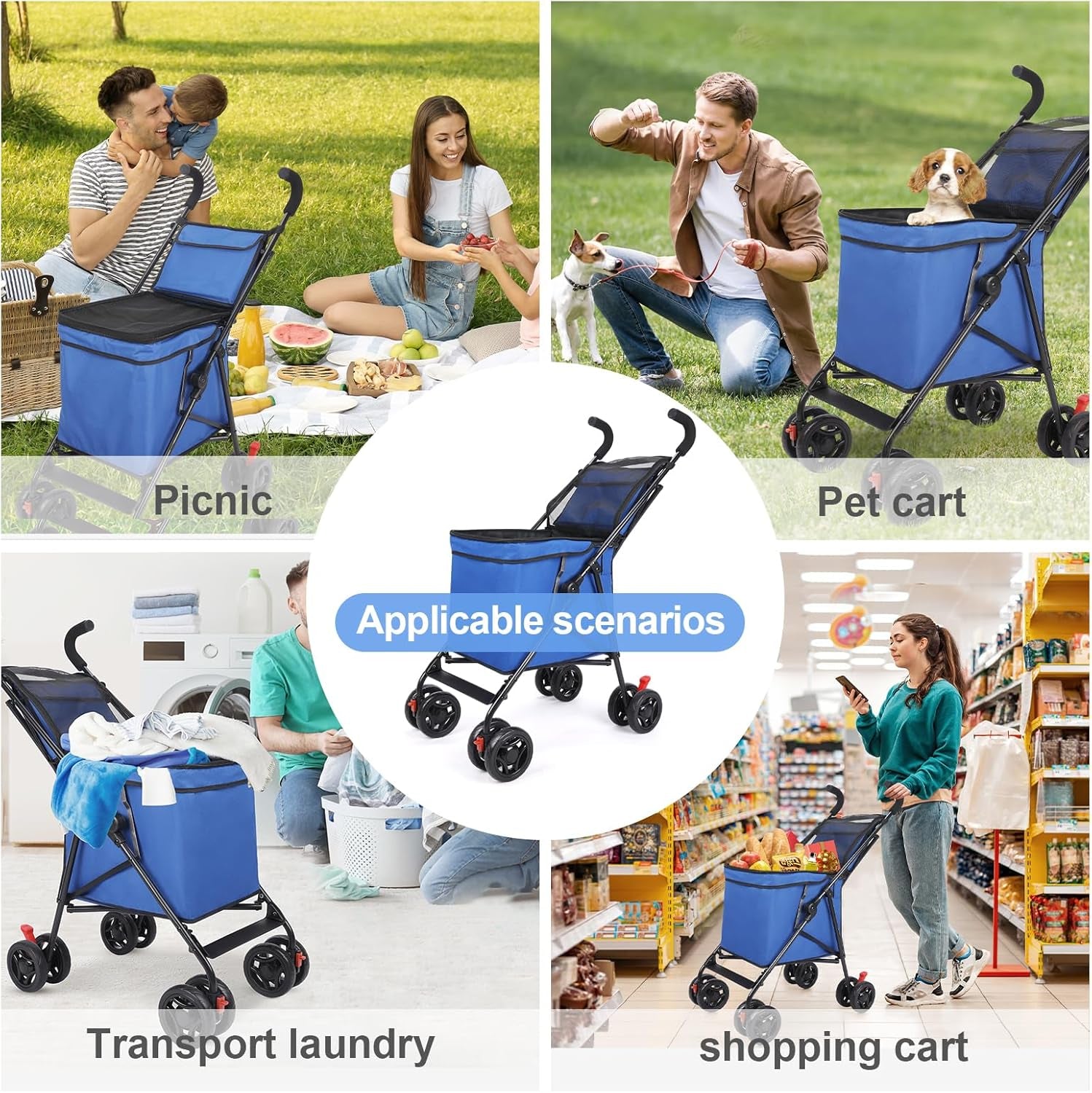 Pet Dog Stroller, 4 Wheel Foldable Cat Dog Stroller with Storage Basket, Handle 360° Front Wheel Rear Wheel with Brake for Small Medium Dogs & Cats (Blue)