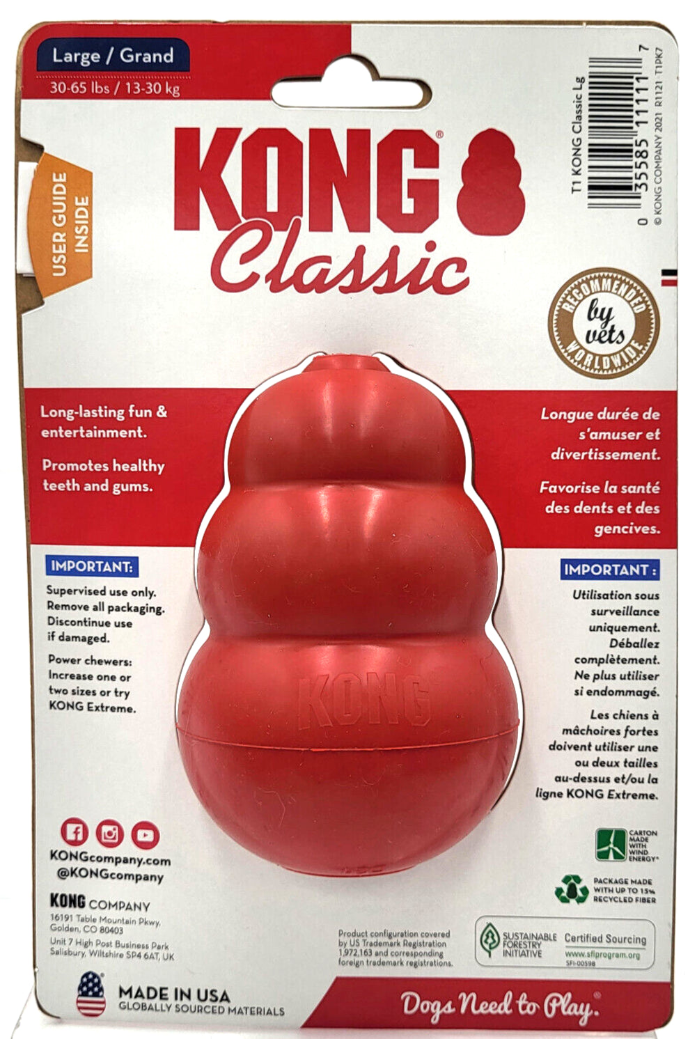 KONG Classic LARGE Durable Fetch & Chew Dog Toy Treat Stuffable 4X2.75"